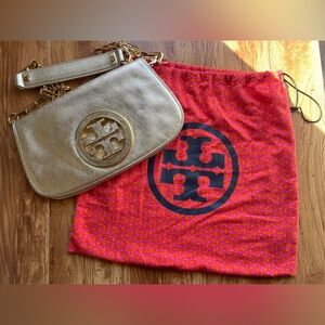 Tory Burch | Metallic Gold Leather Reva Chain Clutch w/ Dust Bag